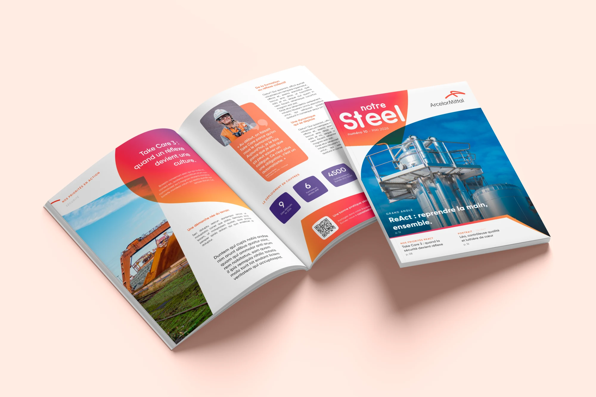 Couverture du magazine Notre Steel d'ArcelorMittal France, deux numéros ouverts sur fond rose pâle, gradient orange identitaire.