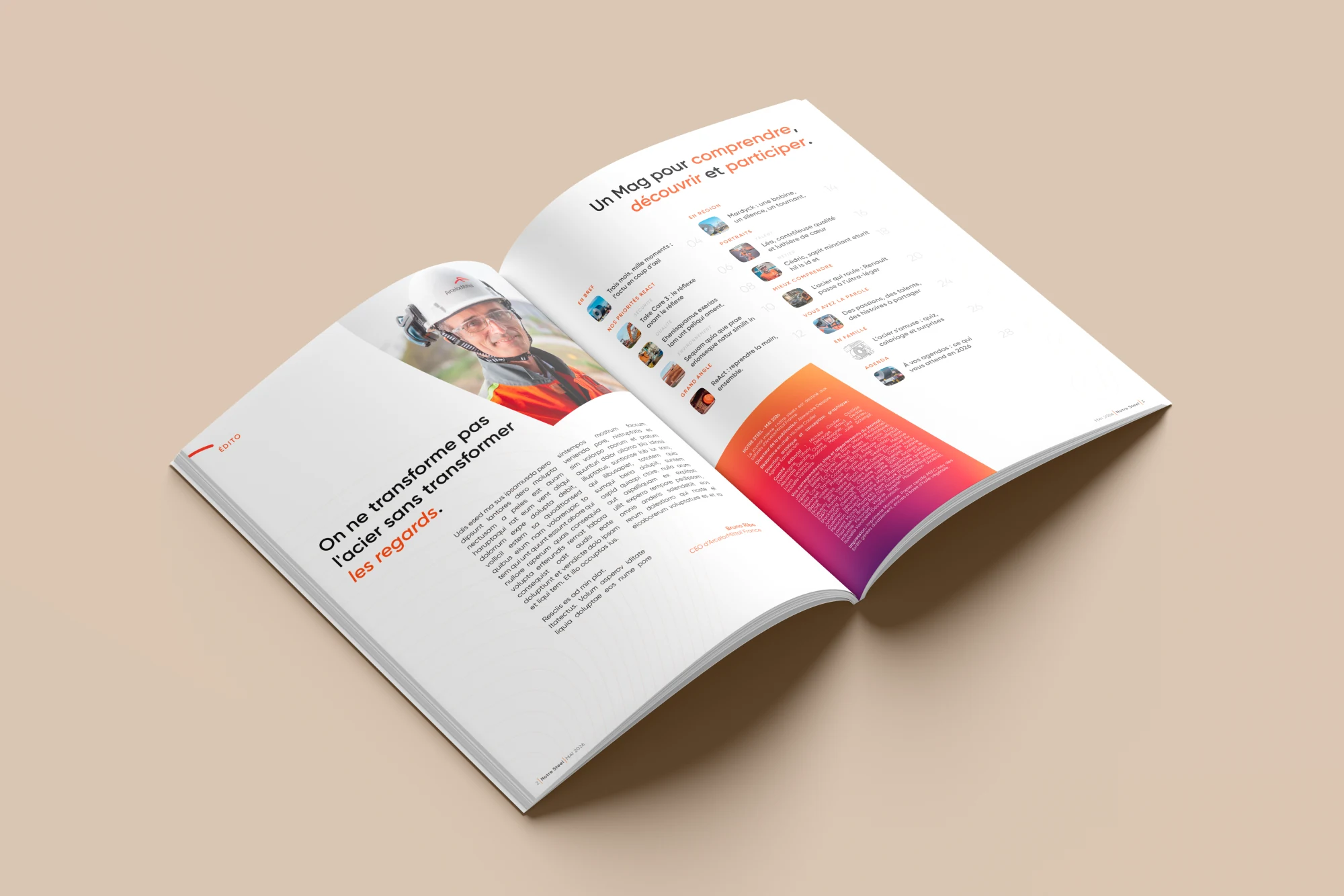 Double page sommaire et édito du magazine Notre Steel, photo de sidérurgiste, gradient orange-rose, mise en page éditoriale.