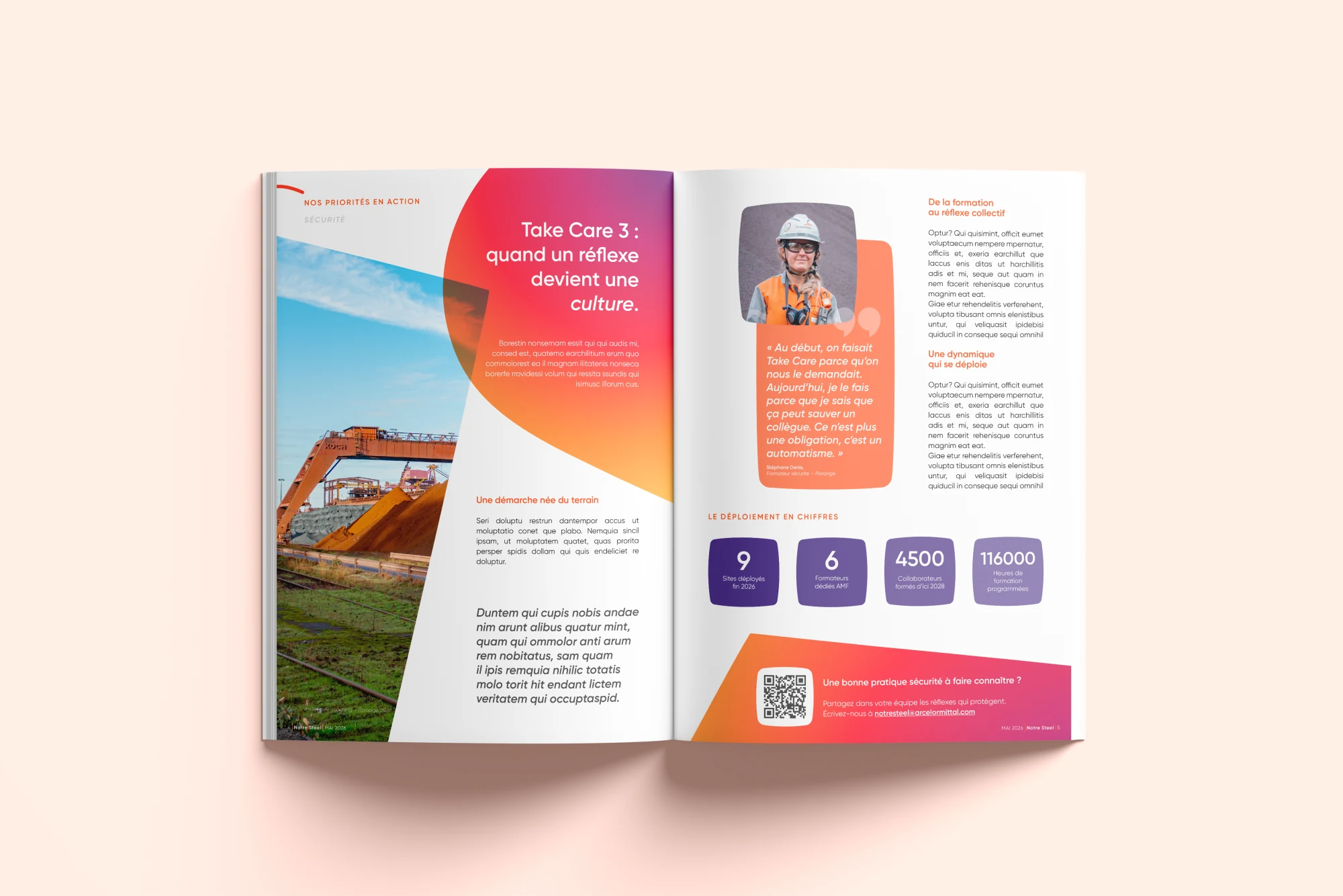 Double page priorités ReAct, photo aérienne du site industriel, cartouche orange Take Care 3, chiffres clés en blocs violets.