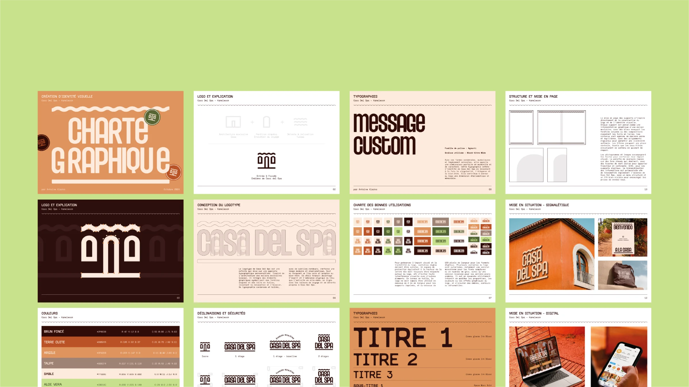 Casa Del Spa, charte graphique : mosaïque des planches d'identité, logos, conception typographique, palette terracotta vert cactus crème, mises en situation signalétique et digital.