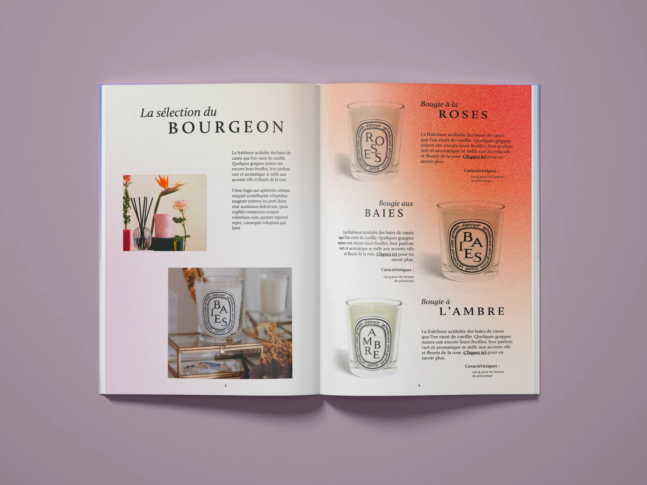 Diptyque, double page sélection du Bourgeon : bougies Roses, Baies, Ambre, fond orangé.
