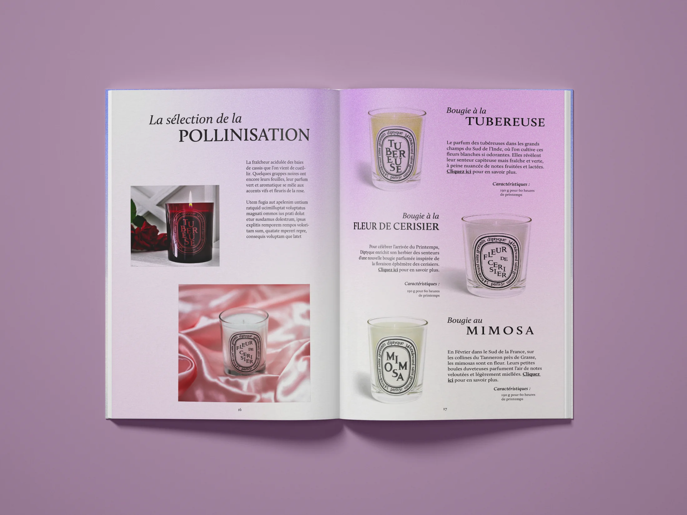 Diptyque, double page sélection de la Pollinisation : bougies Tubéreuse, Fleur de cerisier, Mimosa, fond rose mauve.