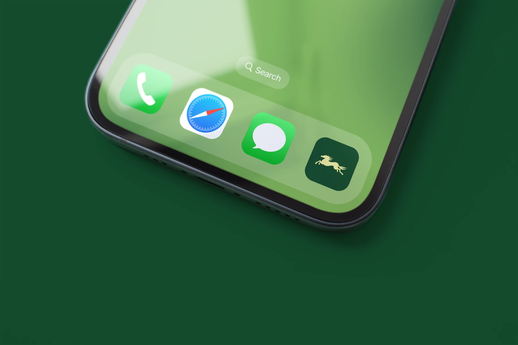 App icon Equinaxy sur iPhone, logo cheval doré sur fond vert sapin.