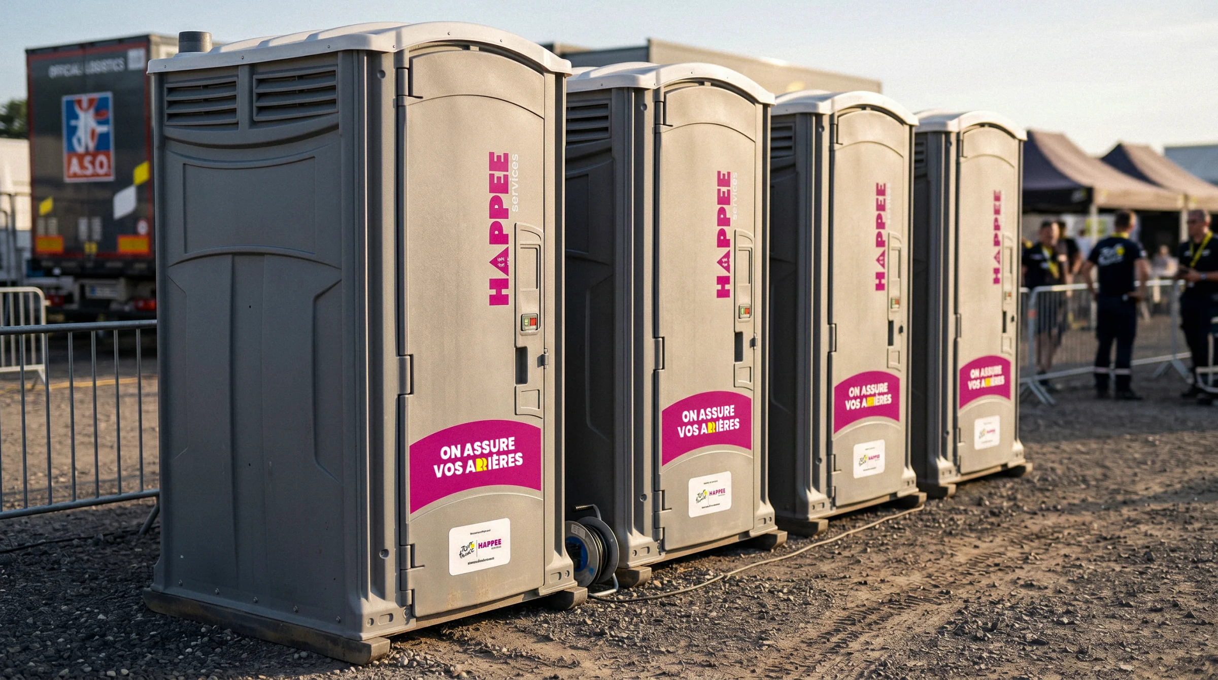 Cabines Happee Services en lévitation, magenta vif sur la porte avec accroche On assure vos arrières et signature RR détachable.
