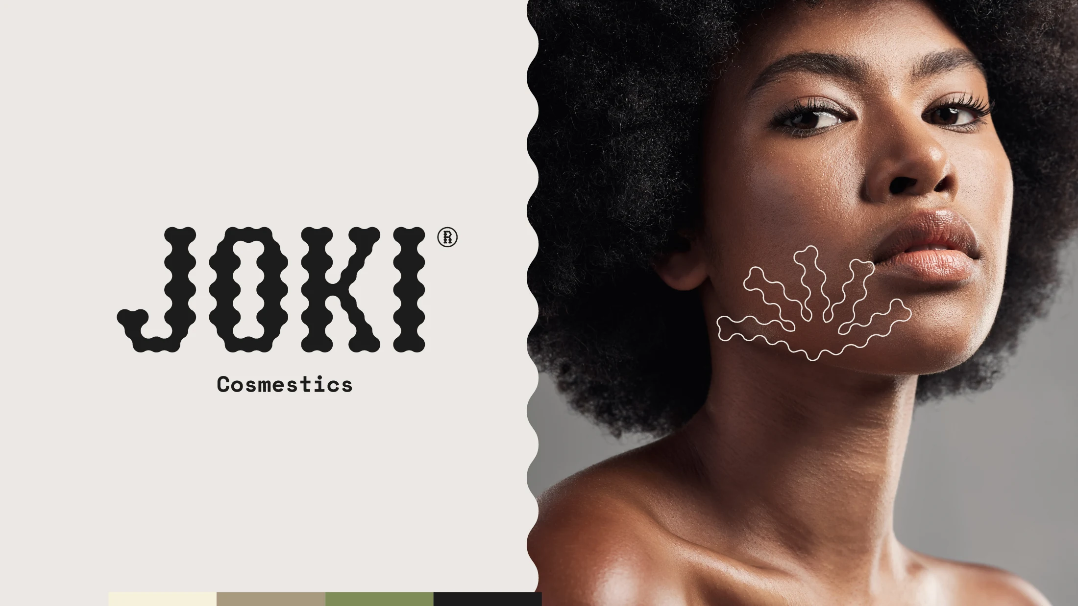 Identité Joki Cosmestics : wordmark à gauche, portrait modèle afro à droite, swatches de palette en pied — crème, jaune pâle, sauge, olive.