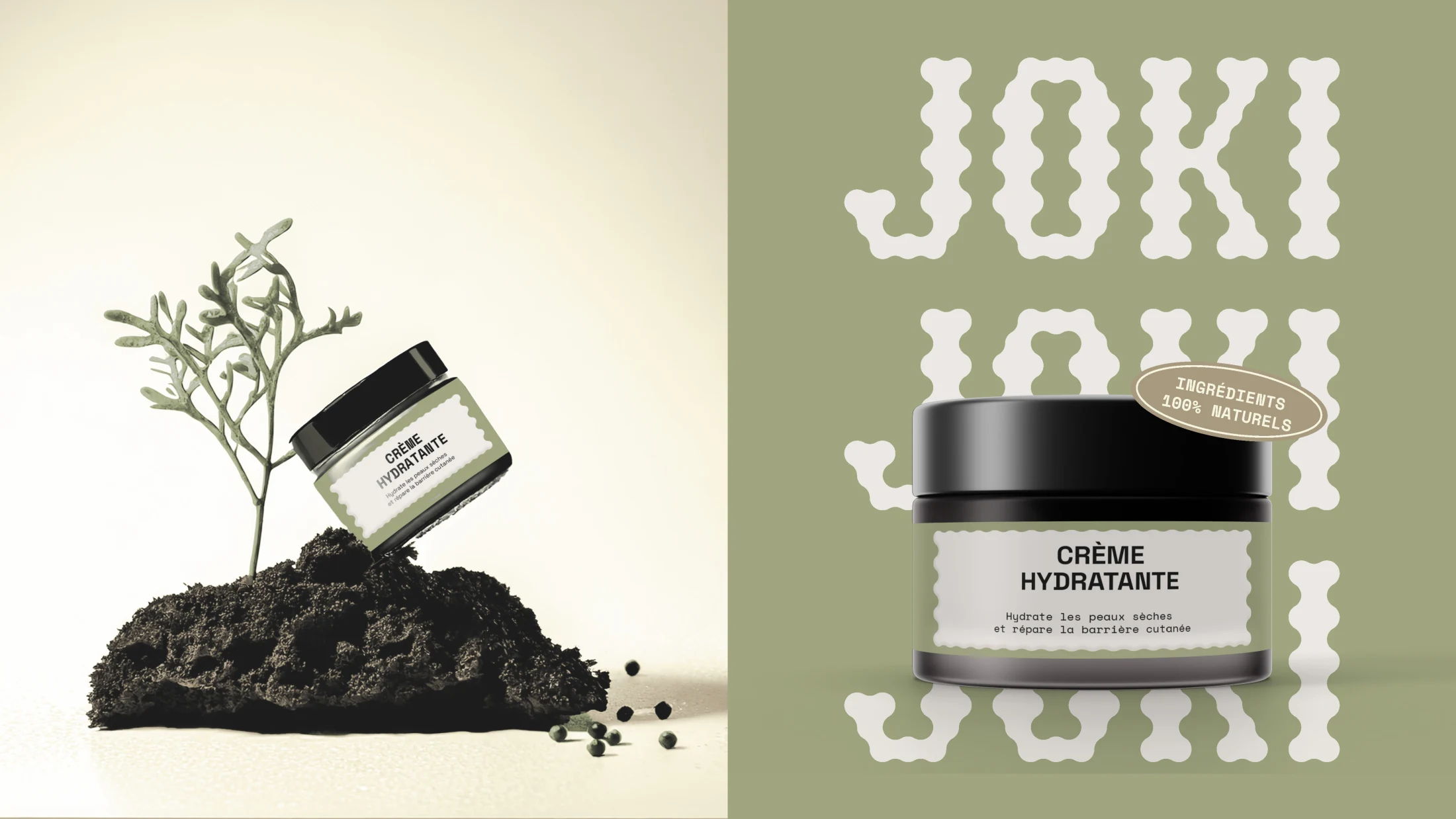 Diptyque produit Joki : à gauche, pot crème posé sur monticule de terre avec plantule ; à droite, pot crème avec sticker Ingrédients 100% naturels sur fond sauge.
