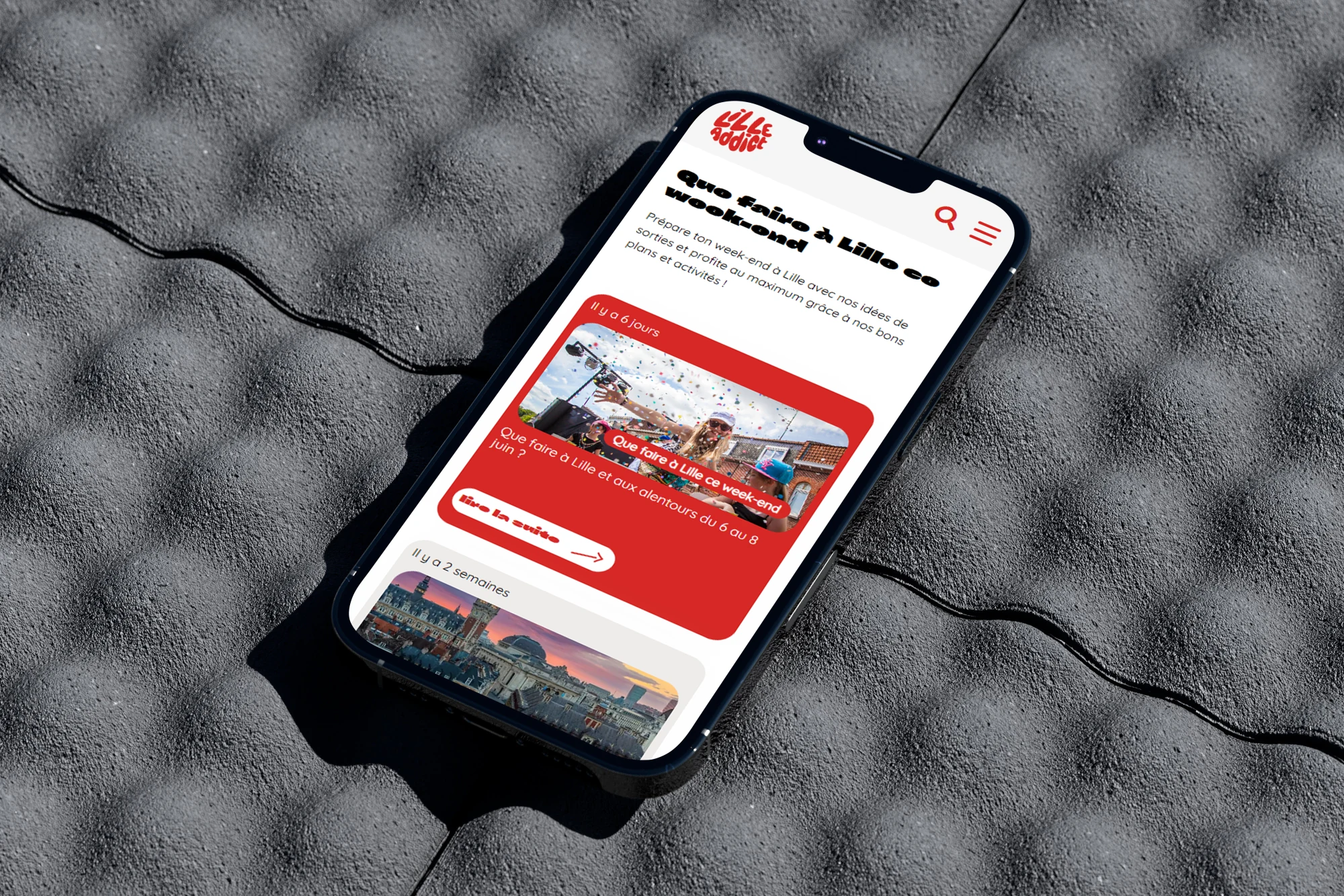 Lille Addict, mockup mobile UI, palette rouge sur fond béton