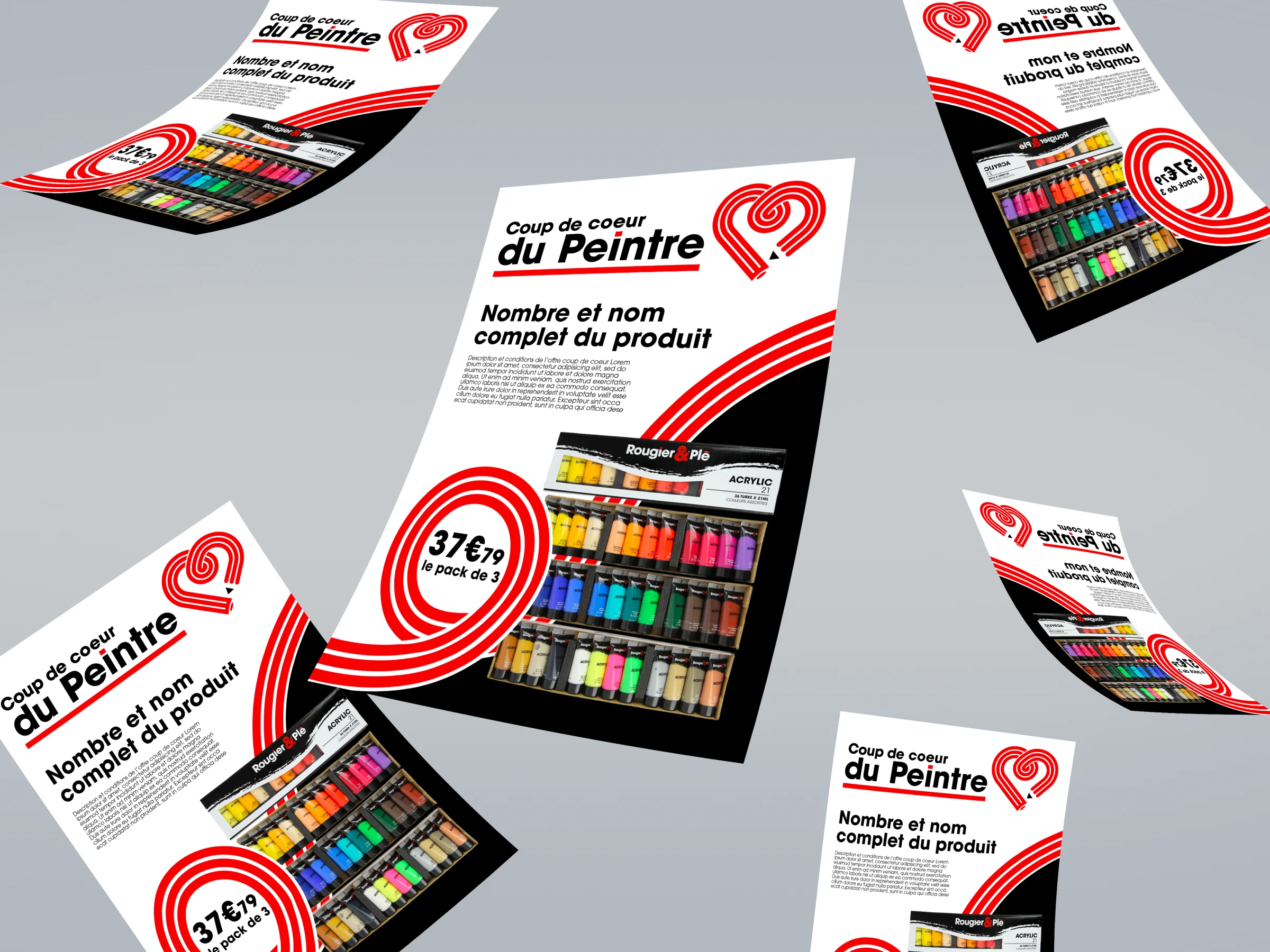 Rougier et Plé, flyers Coup de coeur du Peintre flottant autour d'une affiche A4, mise en scène campagne magasin.