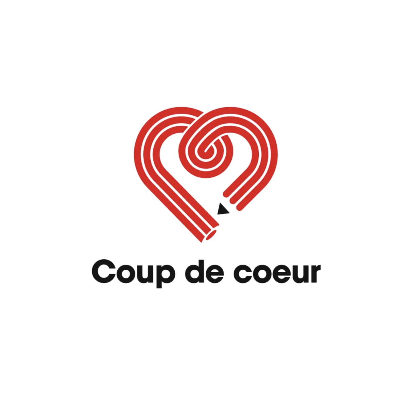 Logo Coup de coeur du Peintre, signature serpentine rouge avec coeur et plume entrelacés, dessin manuscrit.