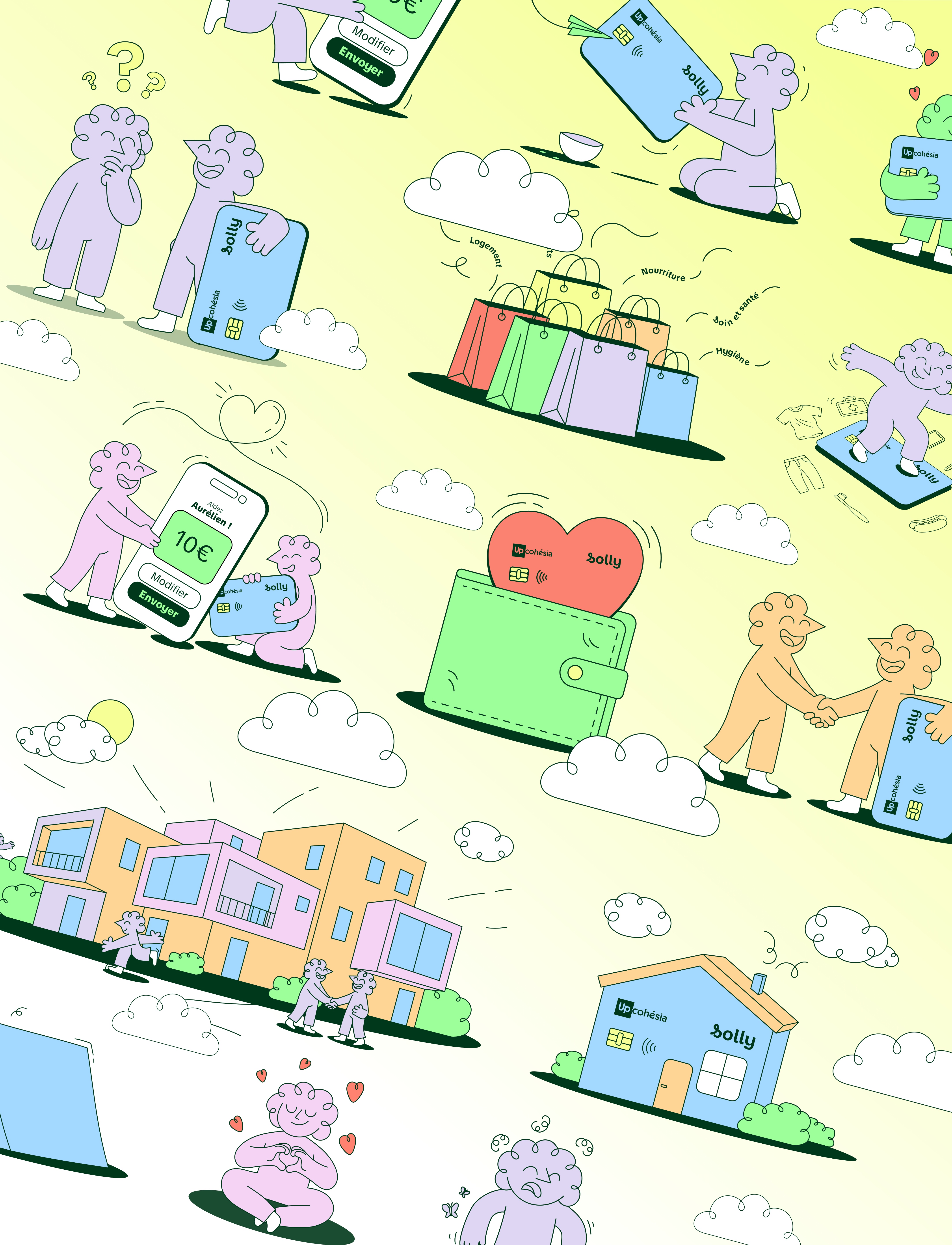 Illustration originale : l'écosystème Solly, scènes de vie, personnages mauves et orange, cartes solidaires.