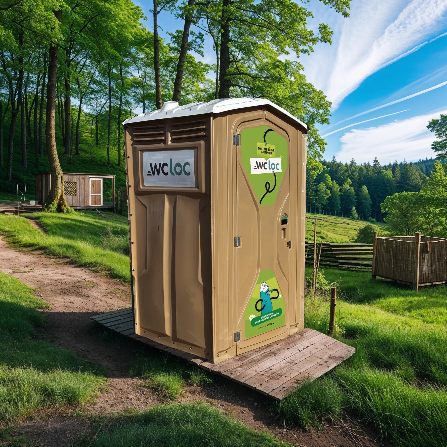 Photo terrain : cabine WC Loc Toilettes Sèches en situation, covering et signalétique appliqués à l'équipement.