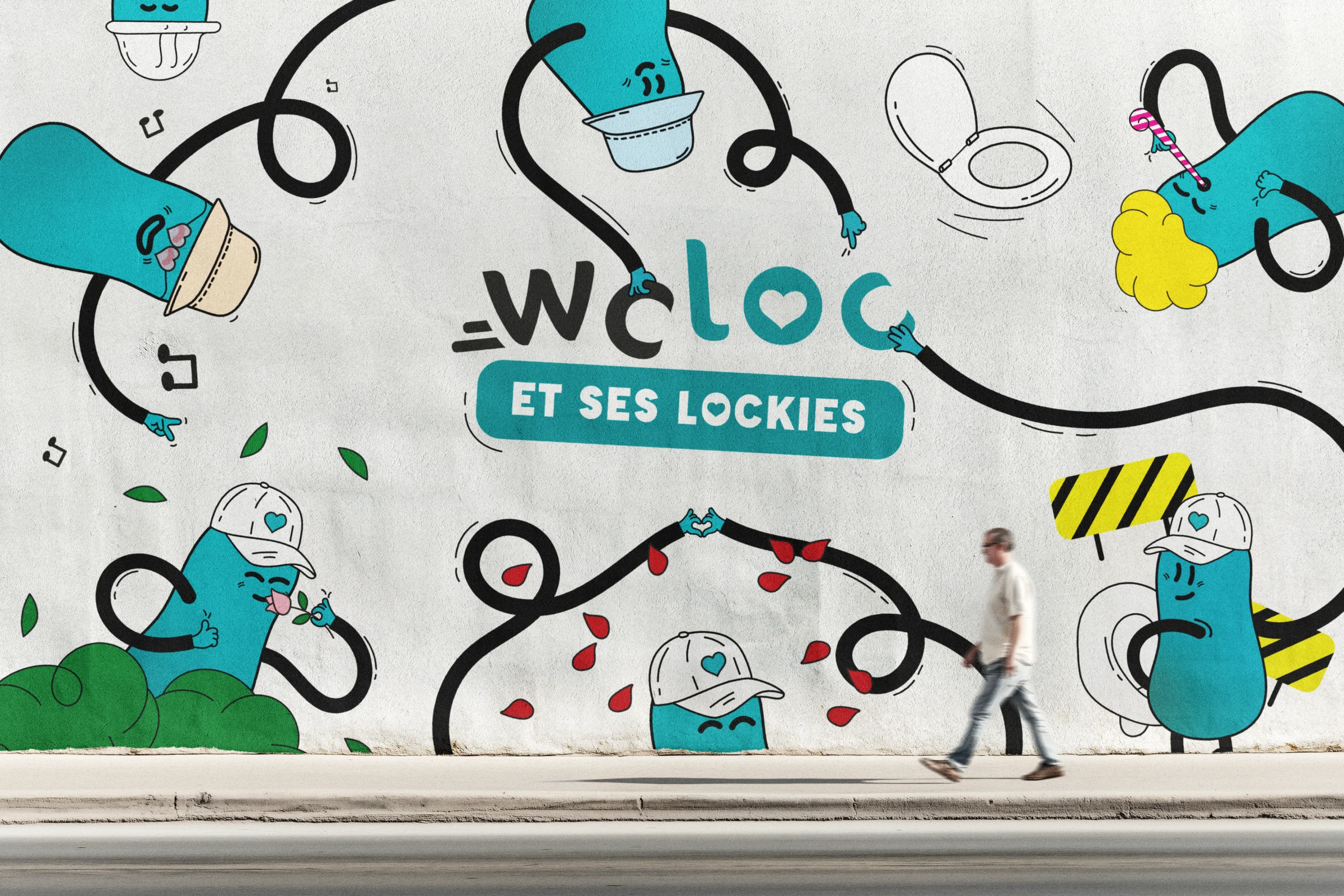 WC Loc, fresque murale lockies turquoise et passant, brand content street