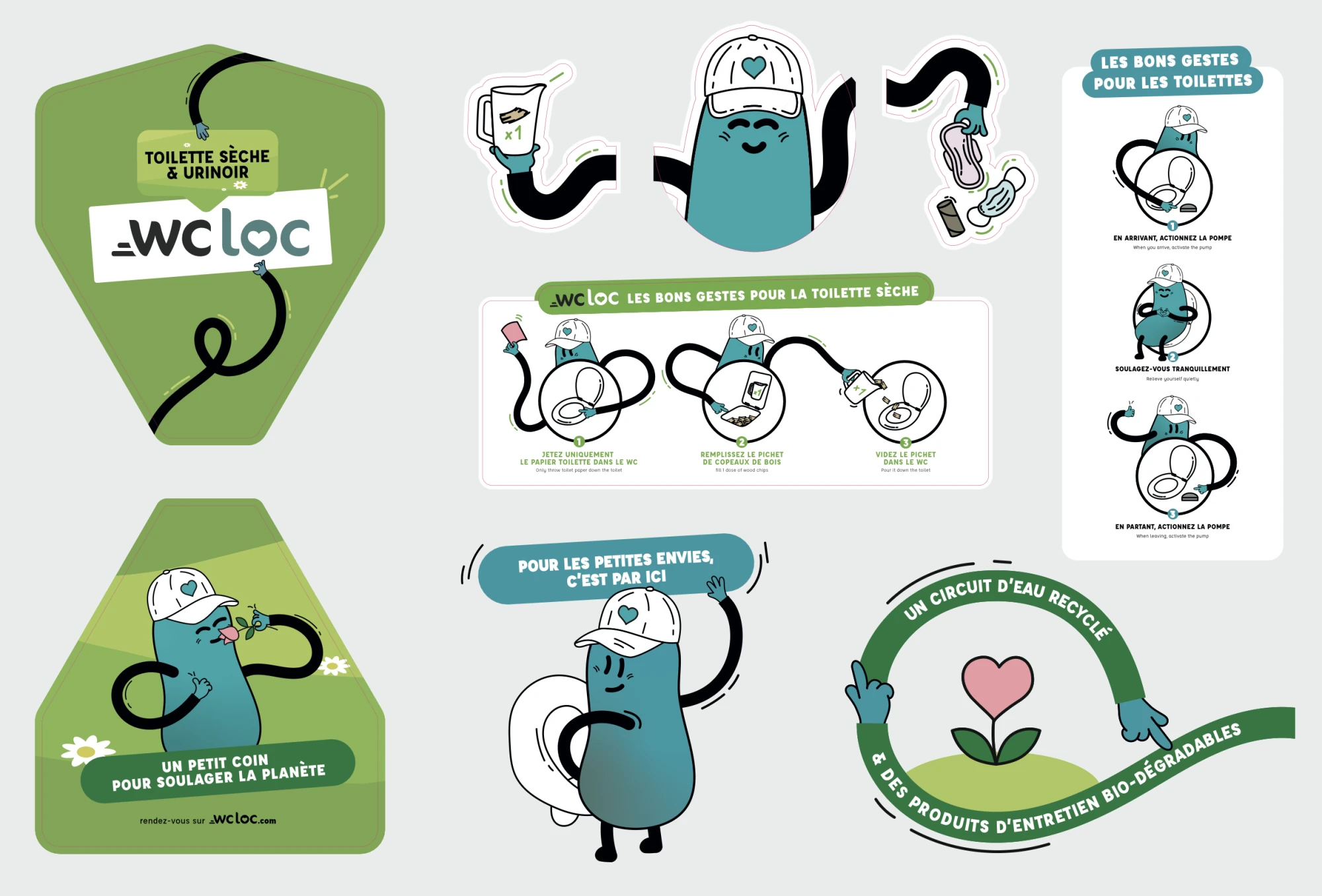 Système de stickers et supports WC Loc, mascottes lockies en différentes poses, signalétique pédagogique bons gestes.